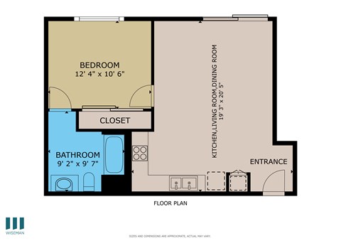 Floor plan for 1 bed, 1 bath, 624 sqft